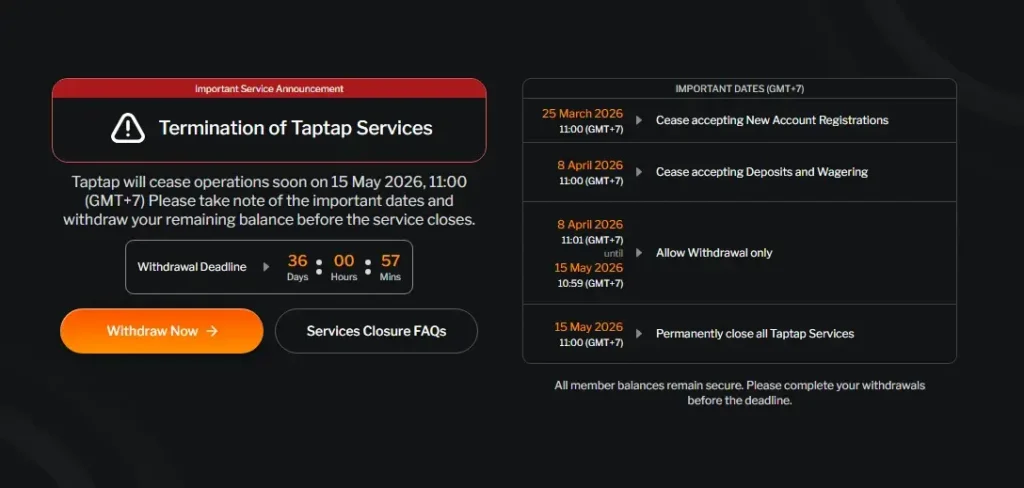 TAPTAP SERVICE CLOSES